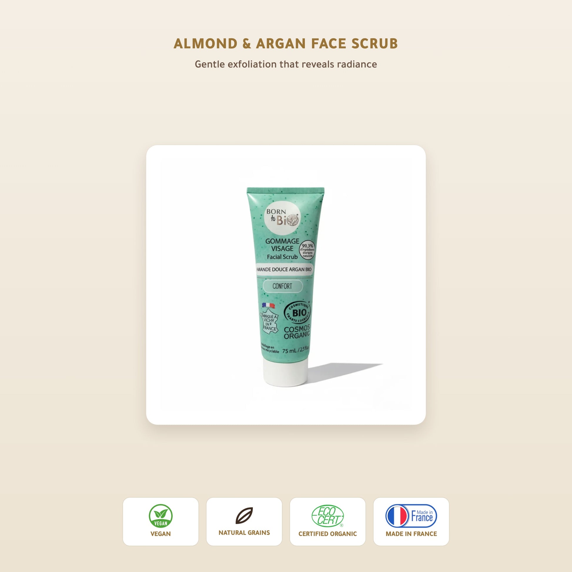 Sweet Almond Argan Face Scrub– Made in Vichy, France | Born to Bio Vichy – slide 1