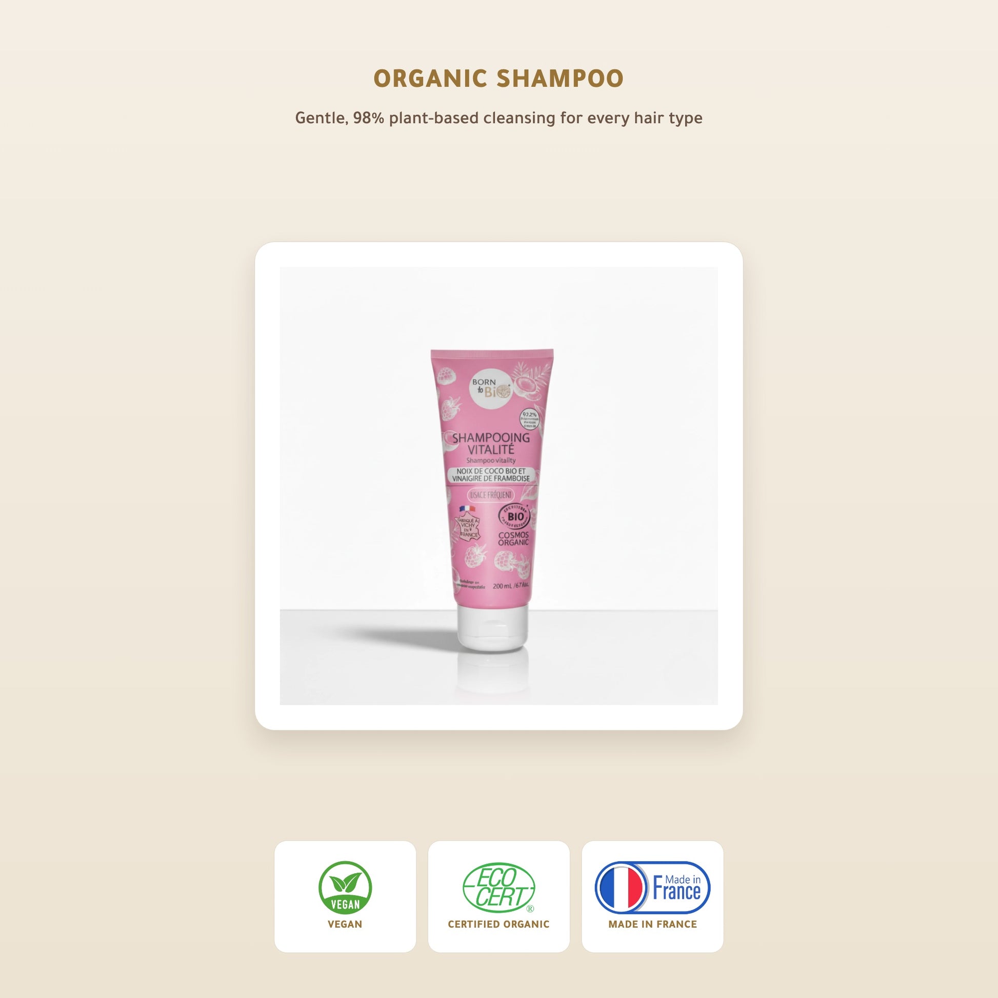 [EN] Organic Coconut & Raspberry Vinegar Shampoo for All Hair Types – Certified Organic | Born to Bio Vichy – slide 1