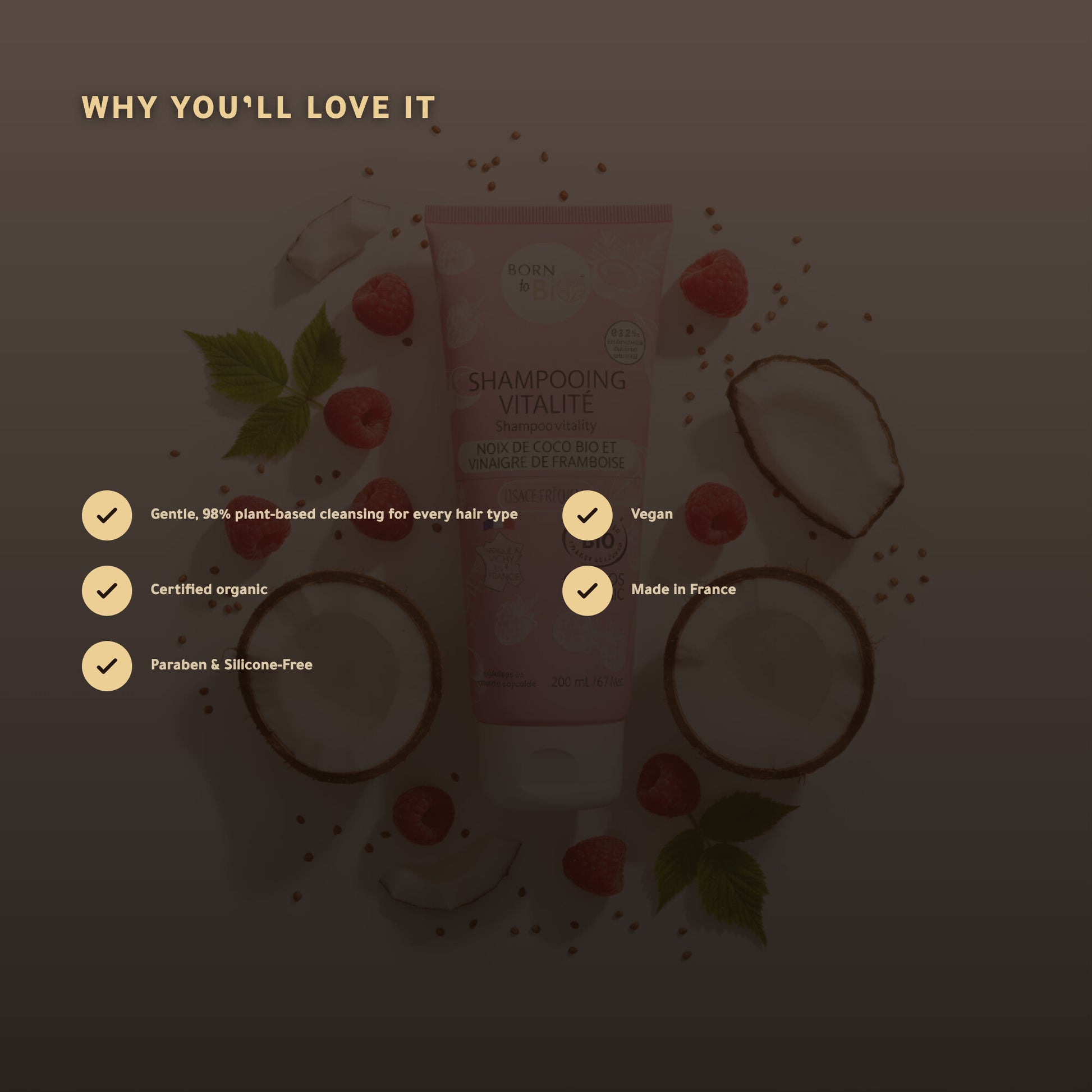 Organic Coconut & Raspberry Vinegar Shampoo for All Hair Types – Certified Organic | Born to Bio Vichy – slide 3