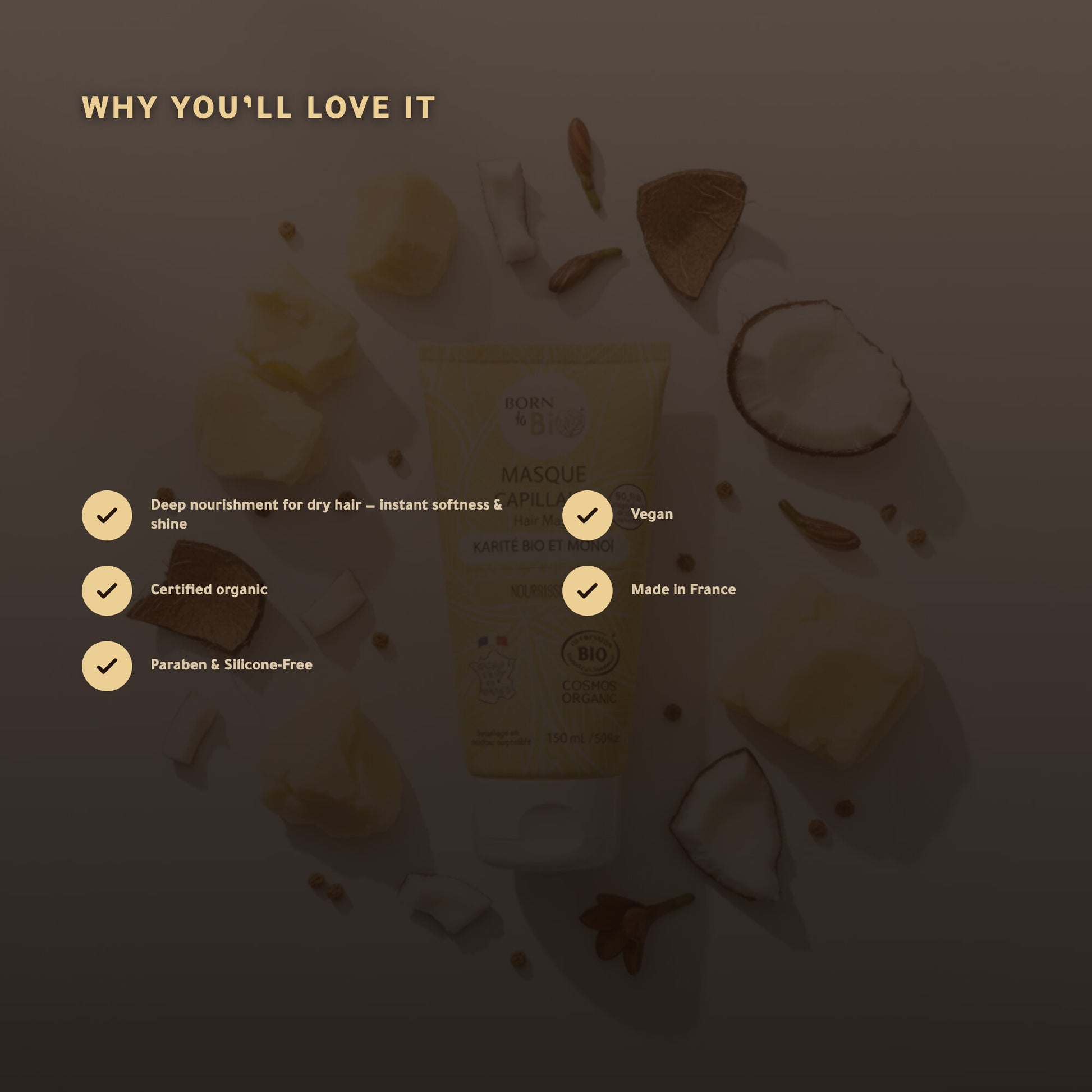 Organic Shea & Monoï Hair Mask for Dry Hair – Certified Organic | Born to Bio Vichy – slide 2
