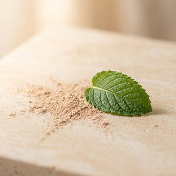 A mint leaf on clay powder