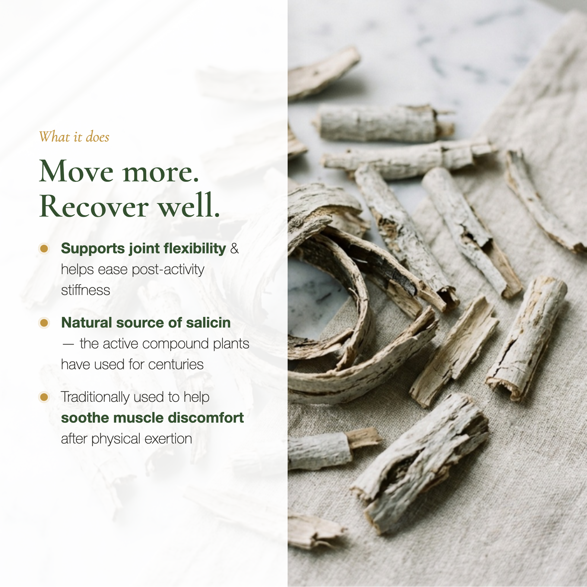 White Willow Bark Joint Flexibility – Natural Salicin Post-Activity Stiffness Relief – Organic Supplement | Pure n' Bio