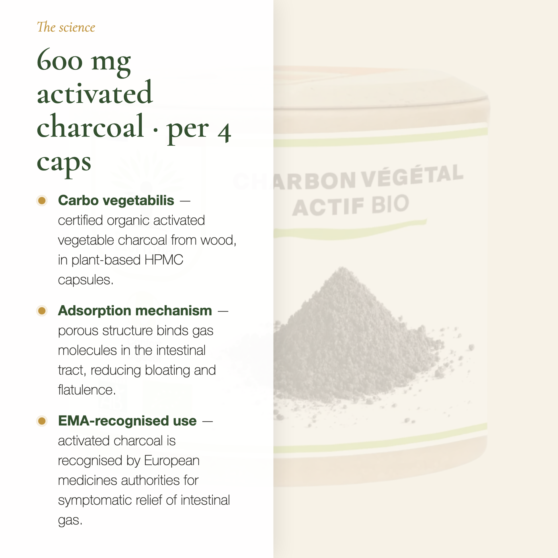 600mg Activated Charcoal per 4 Caps – Carbo Vegetabilis AB Certified | Pure n' Bio