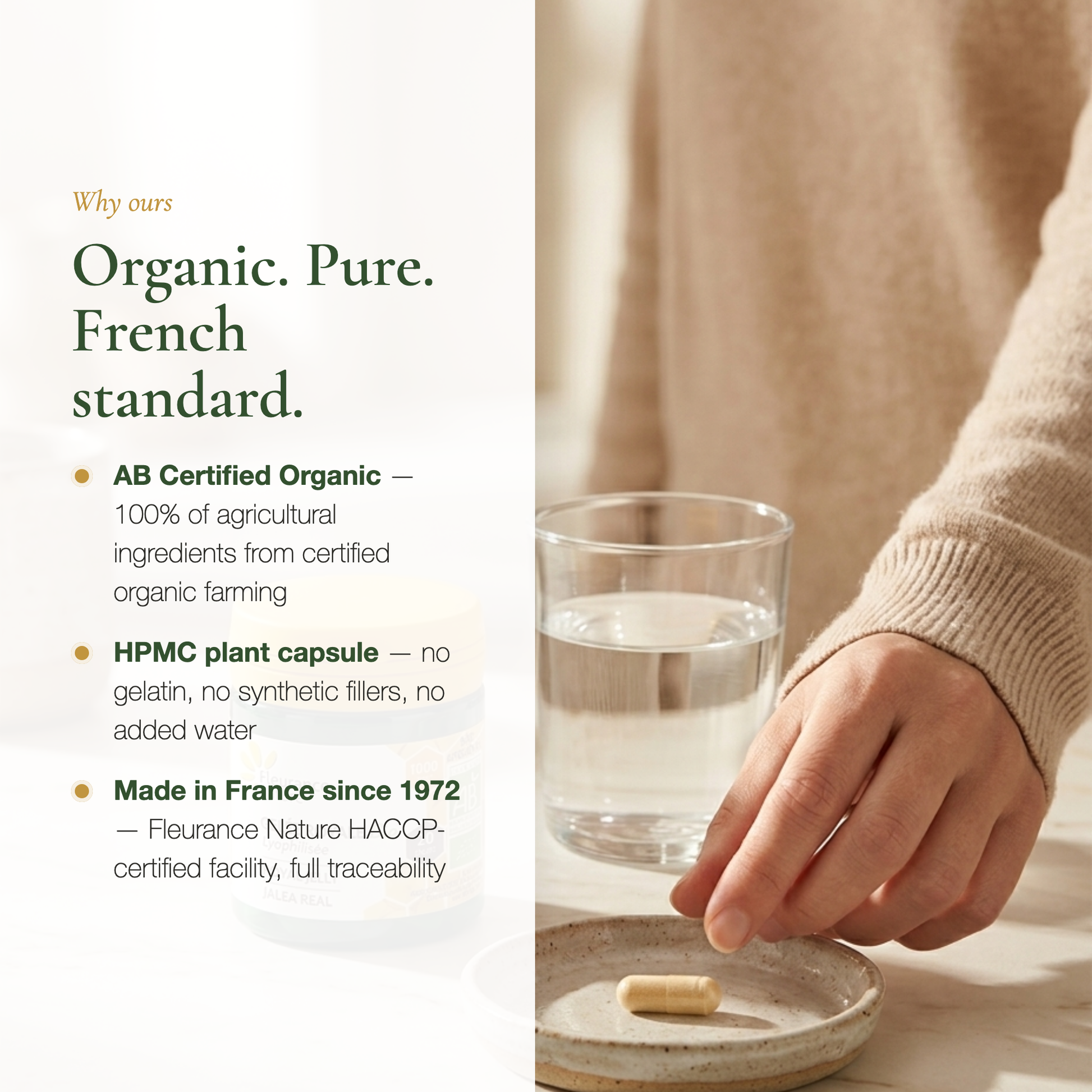 Organic Royal Jelly Why Choose Fleurance Nature – AB Certified Organic Vegan HPMC Capsule Made in France Since 1972 | Pure n' Bio