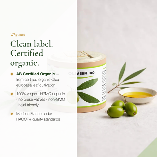 Organic Olive Leaf Supplement Vegan Clean Label – Non-GMO No Preservatives HPMC Capsule – Made in France HACCP | Pure n' Bio