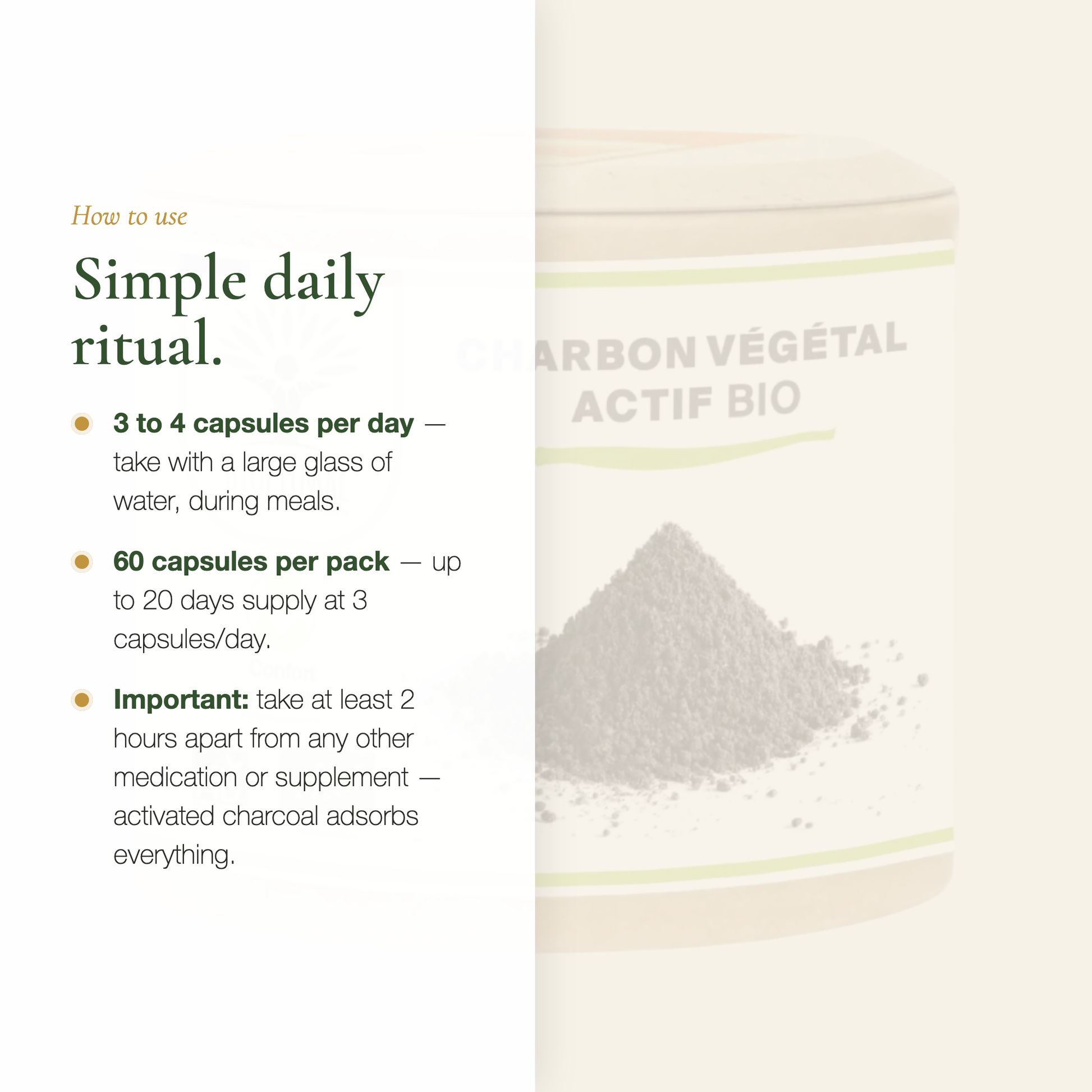 How to Use Activated Charcoal – 3 to 4 Capsules per Day with Meals | Pure n' Bio
