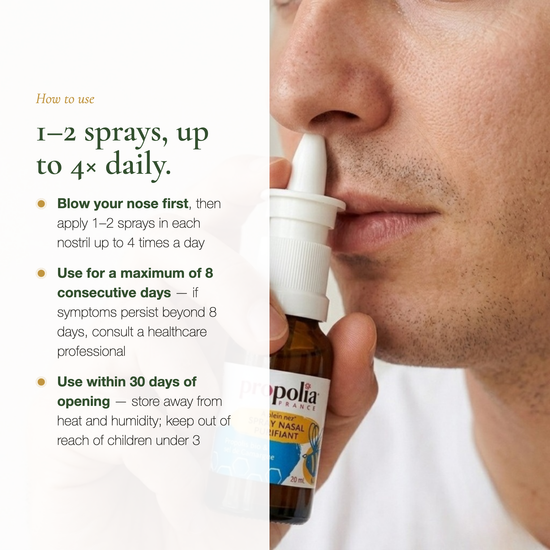 How to Use Propolis Nasal Spray – 1-2 Sprays Up to 4 Times Daily From Age 3 – Family Safe | Pure n' Bio