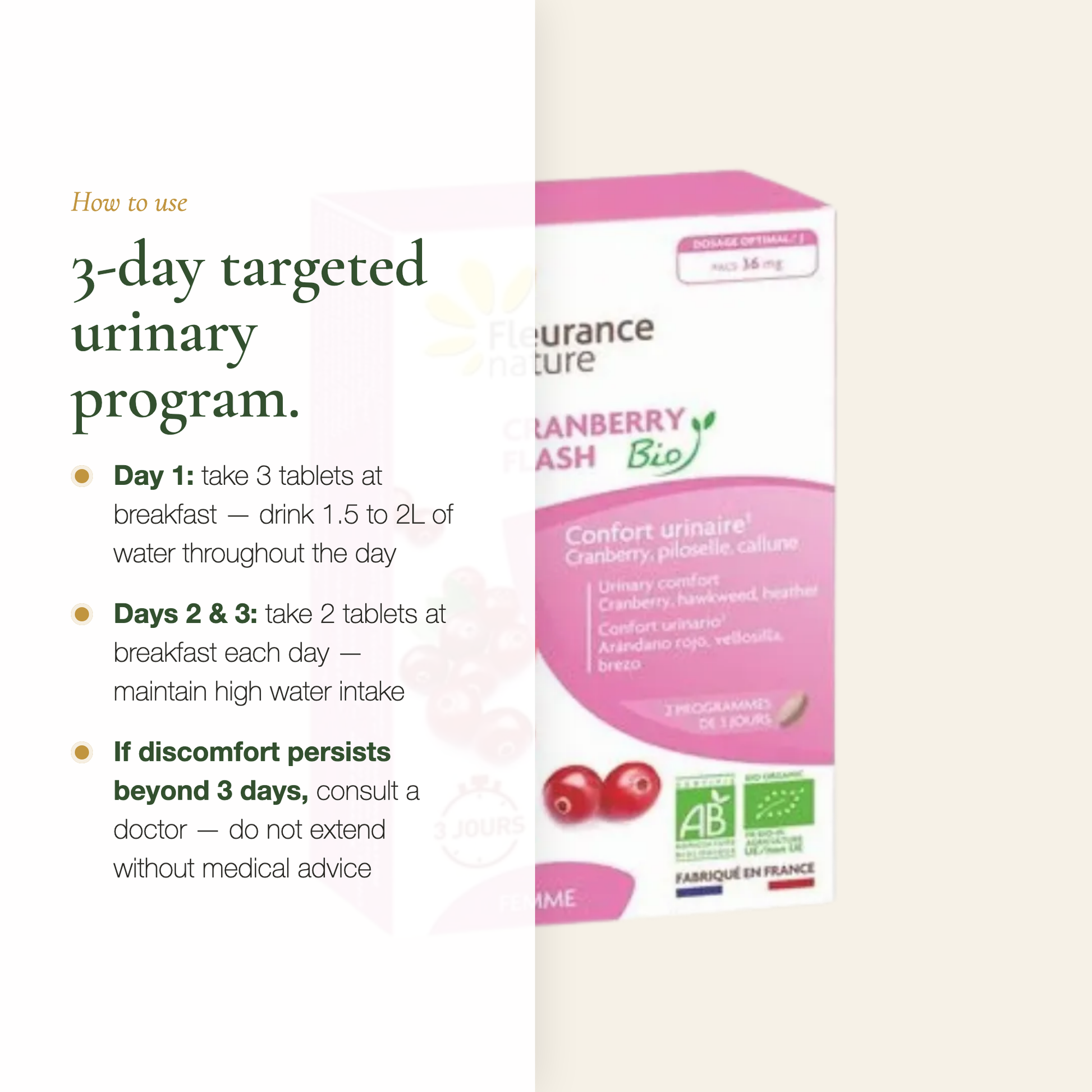 How to Use Cranberry – 3-Day Targeted Urinary Program 3 Tablets Day 1 | Pure n' Bio