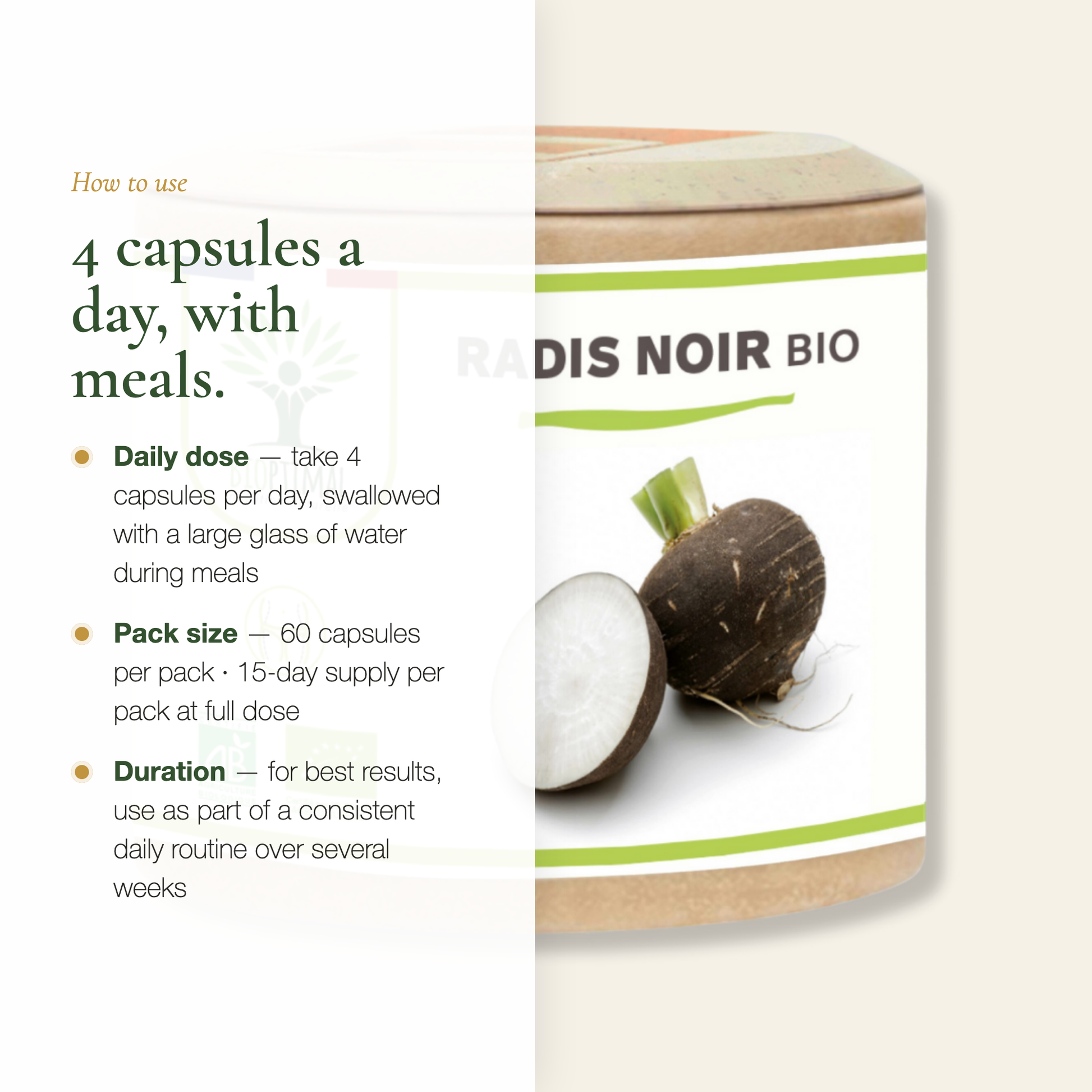 How to Use Black Radish Supplement – 4 Capsules Daily with Meals – 1200 mg Organic | Pure n' Bio