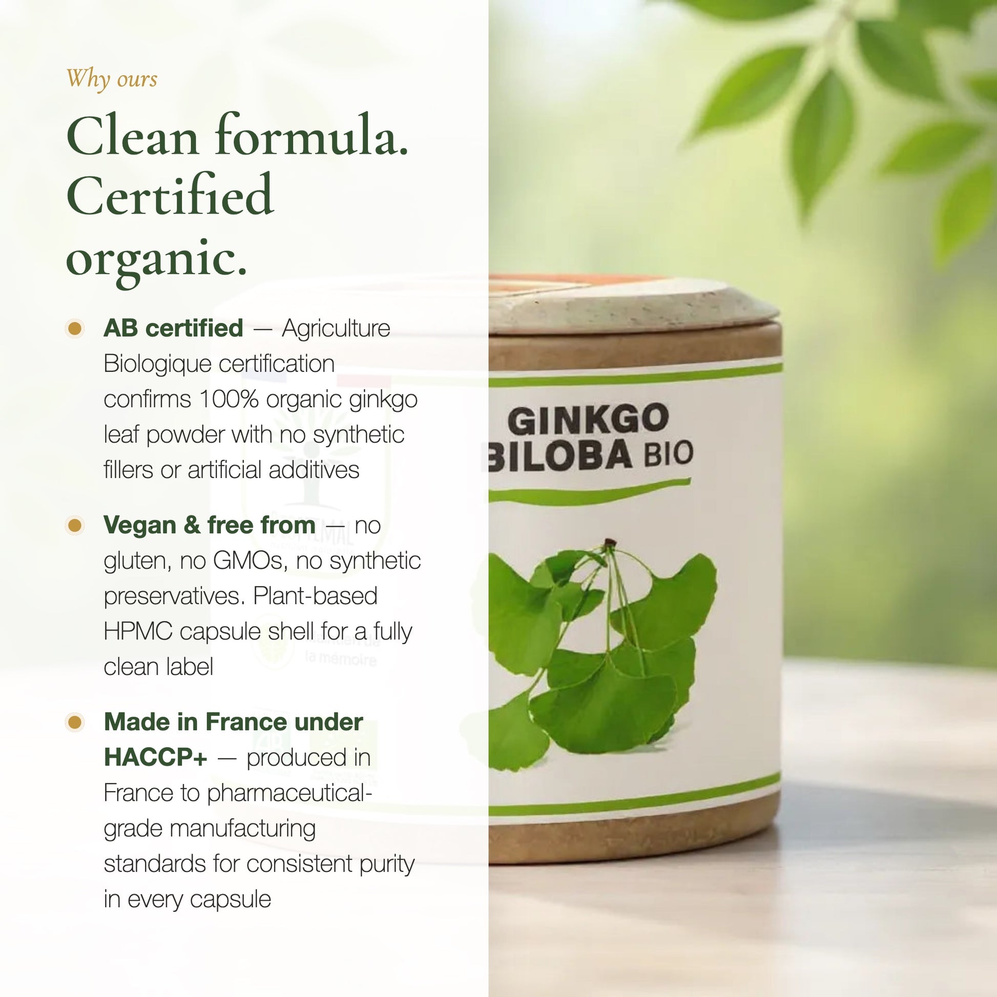 Organic Ginkgo Biloba – Vegan No GMO Gluten-Free Made in France HACCP Pharmaceutical Grade | Pure n' Bio