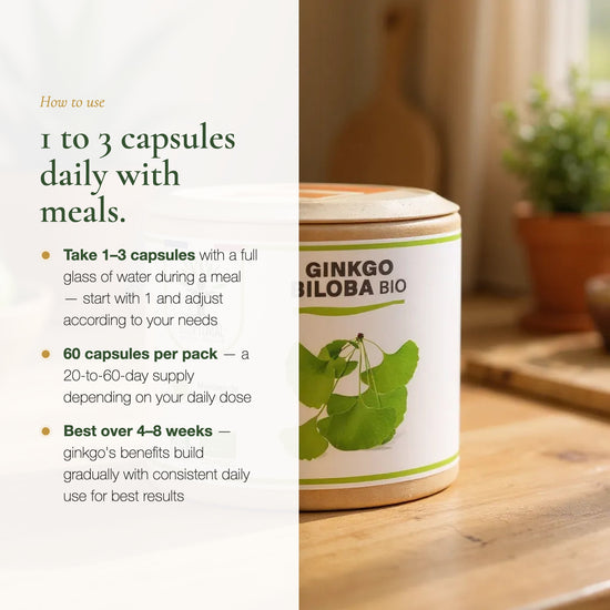 How to Use Ginkgo Biloba Supplement – 1 to 3 Capsules Daily with Meals 60 Capsules per Pack | Pure n' Bio