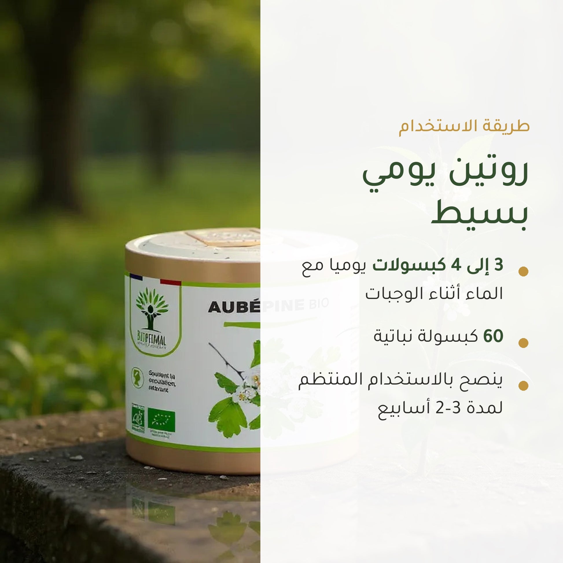 طريقة استخدام الزعرور العضوي – 3 إلى 4 كبسولات يومياً مع الوجبات – 60 كبسولة نباتية
