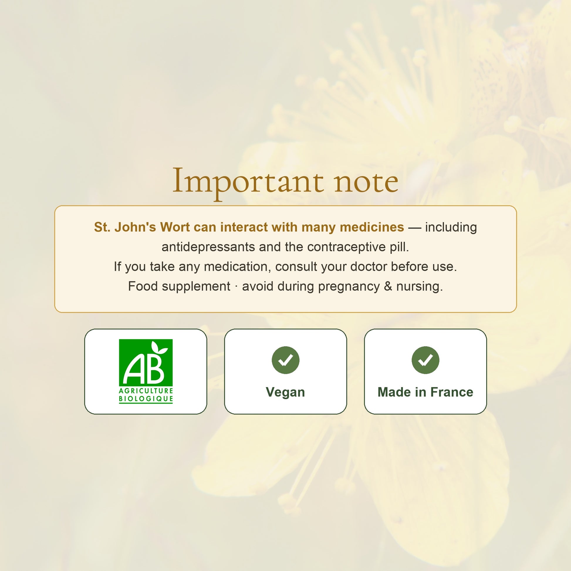 St. John's Wort Safety Note – Medication Interactions, Consult Your Doctor – AB Organic Vegan French