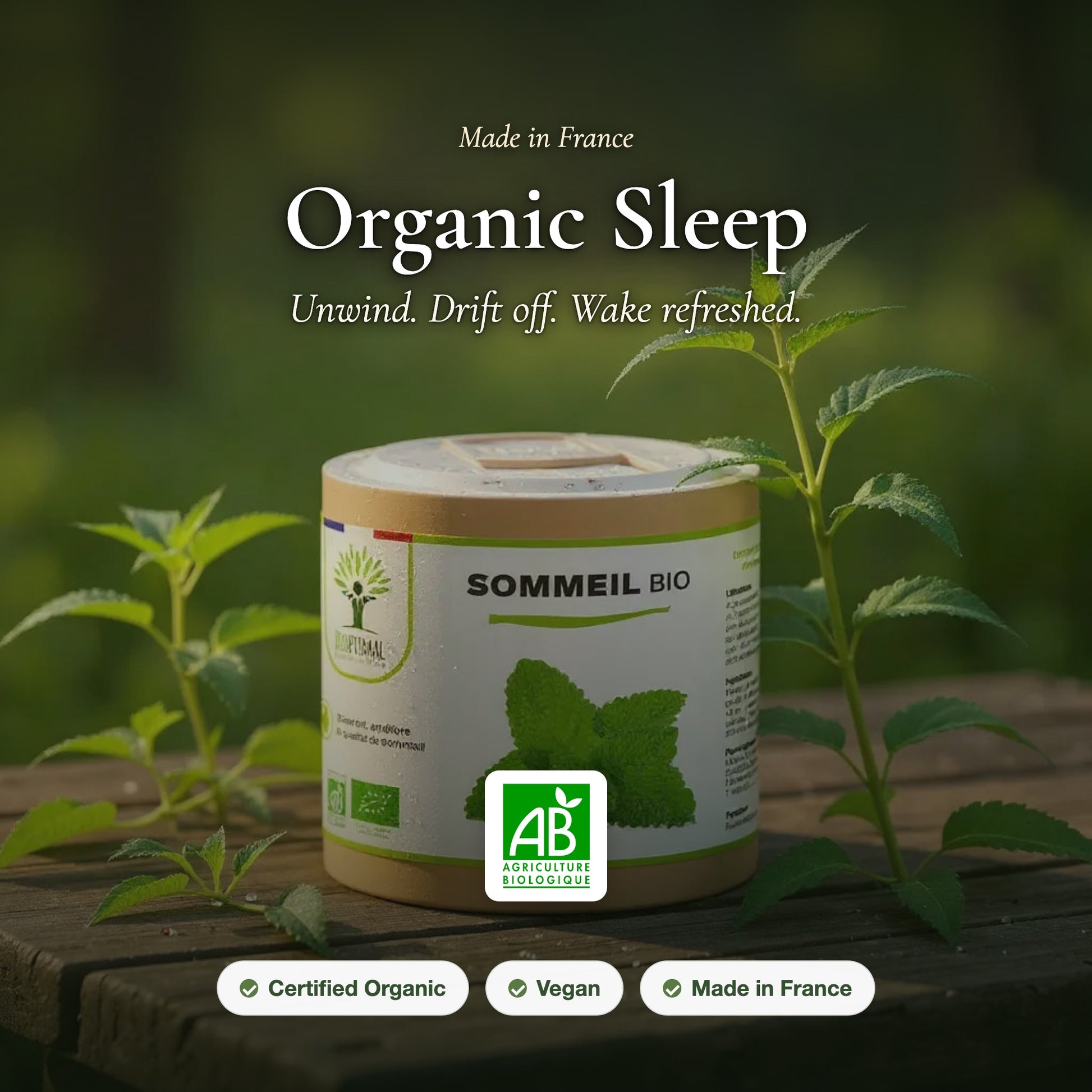 Organic Sleep herbal supplement – lemon balm, valerian, passionflower (slide 1)