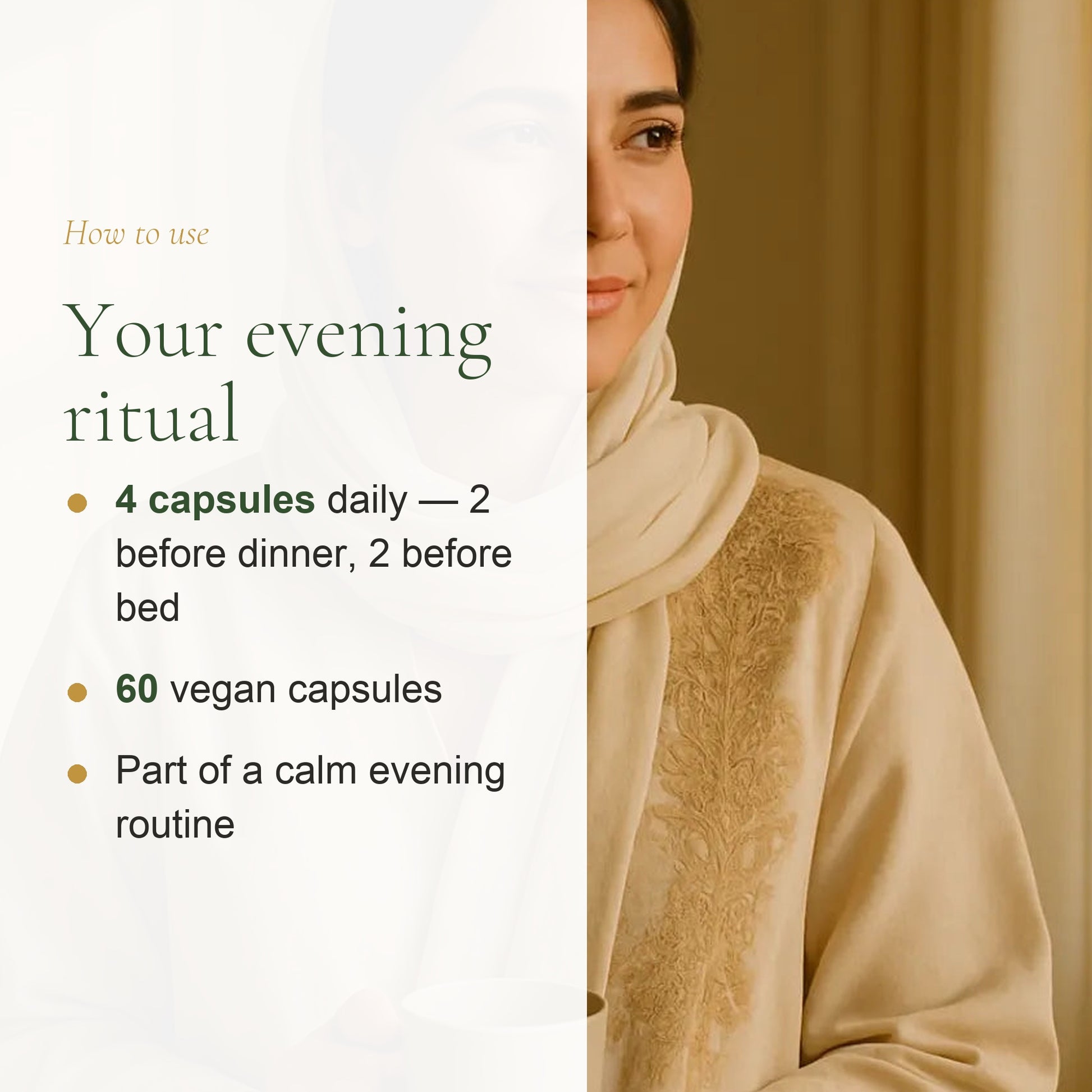 How to Use Organic Sleep Supplement – 4 Capsules Daily, 2 Before Dinner and 2 Before Bed