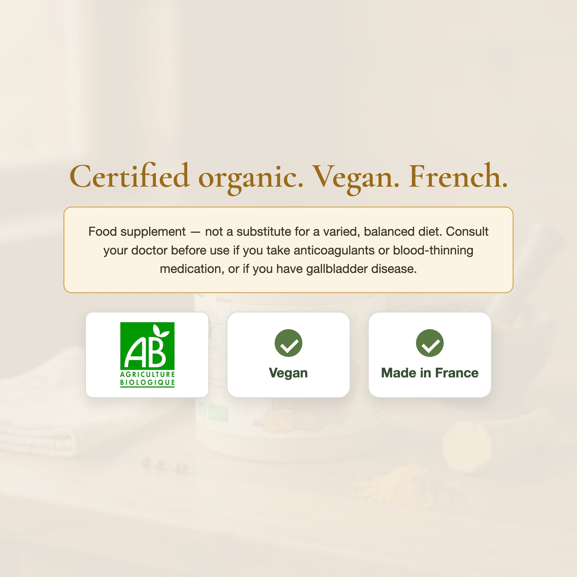 Organic turmeric black pepper certified organic vegan French supplement (slide 6)
